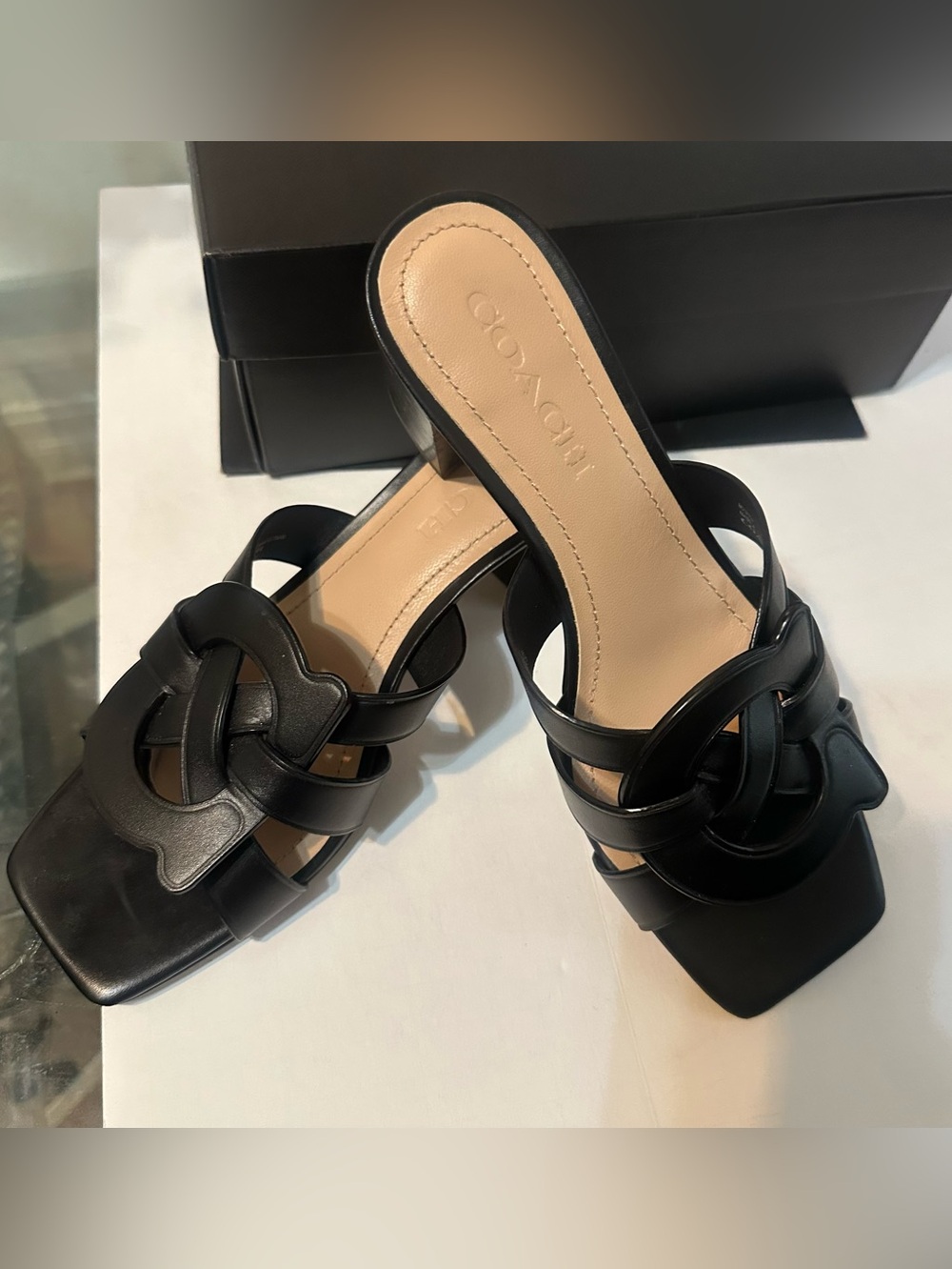 Coach Nikki Black Leather Knot Slide Mules